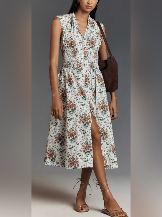 Maeve Dresses & Skirts - NWT Maeve Tommie Cap Sleeve Smocked Zip Front Midi Dress White Multi Floral 2X